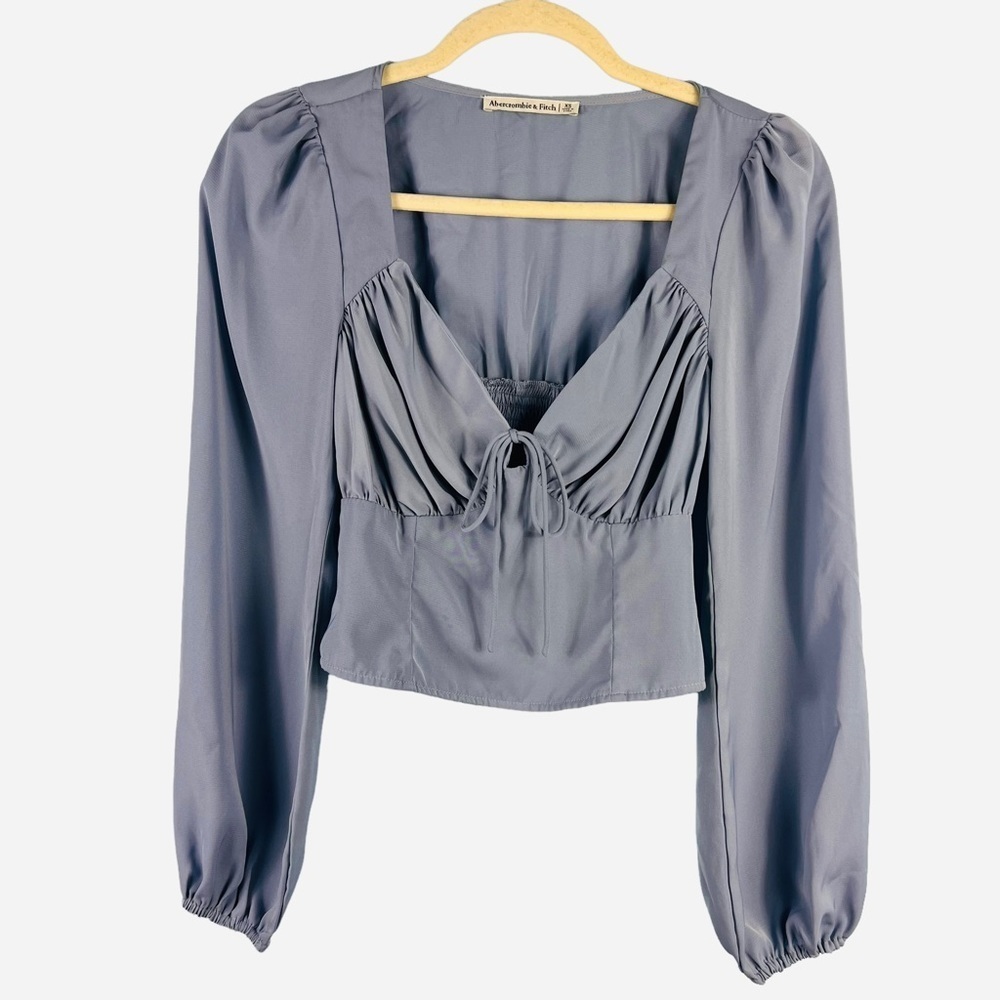 Abercrombie & Fitch Blue Cropped V Neck Top Tie Front Size XS Blouse Smocked
